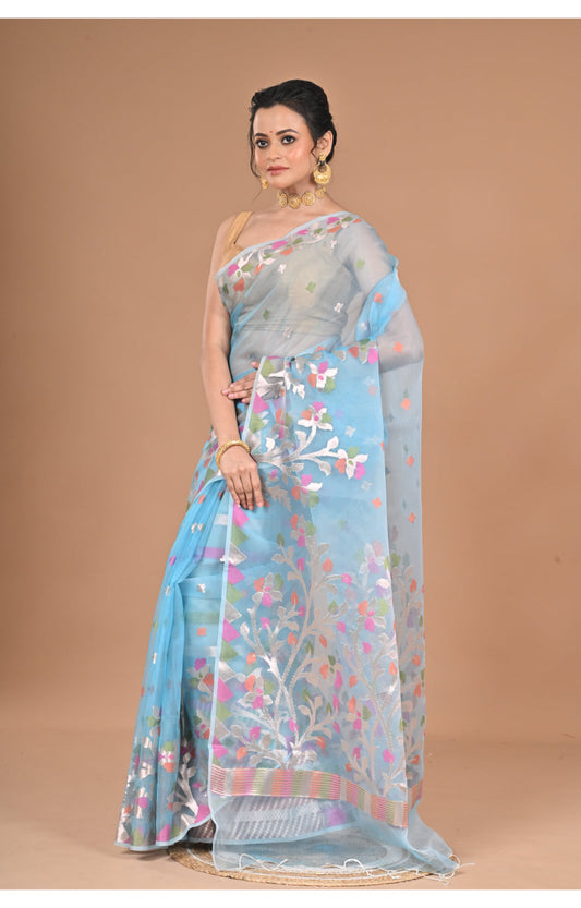 Morchari Heavy Jamdani Silk Orzanga Saree-Blue
