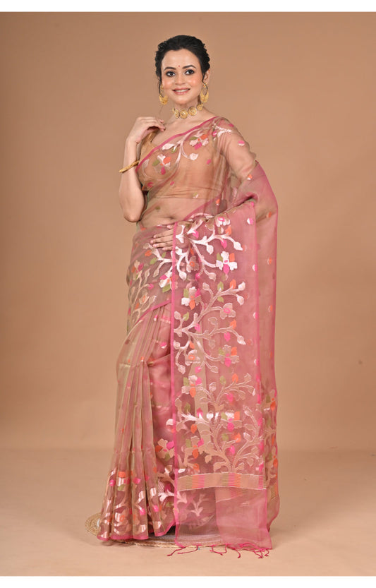 Morchari Semi Orzanga Jamdani Silk Saree-Mehendi