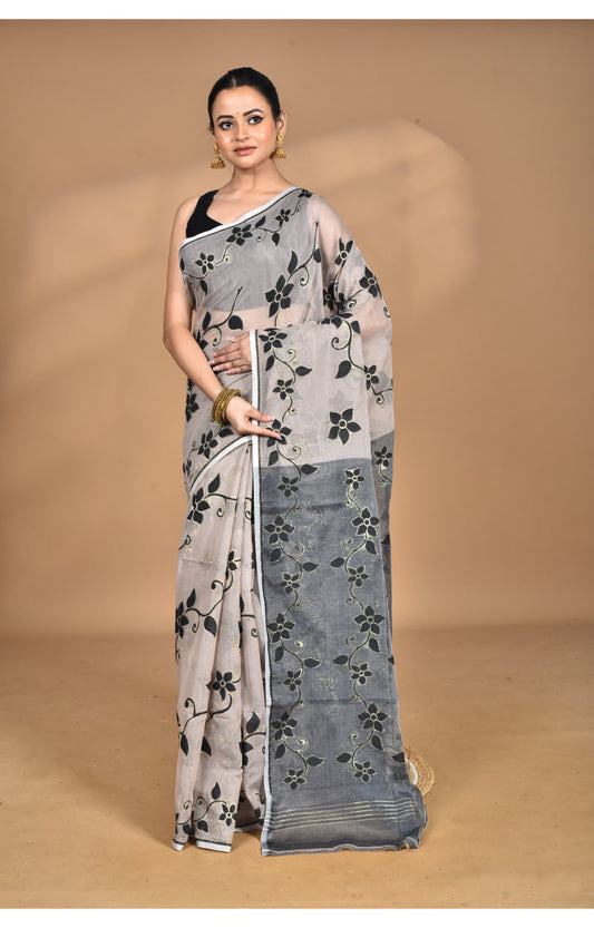 Morchari Pure Cotton Dhakai Jamdani Handloom Saree-Beige