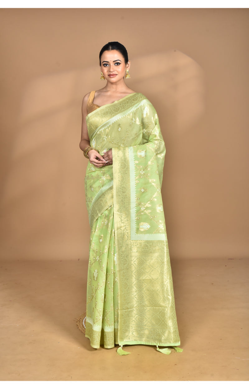 Morchari Banarasi Silk Chanderi Saree-Green | Swadesiicart