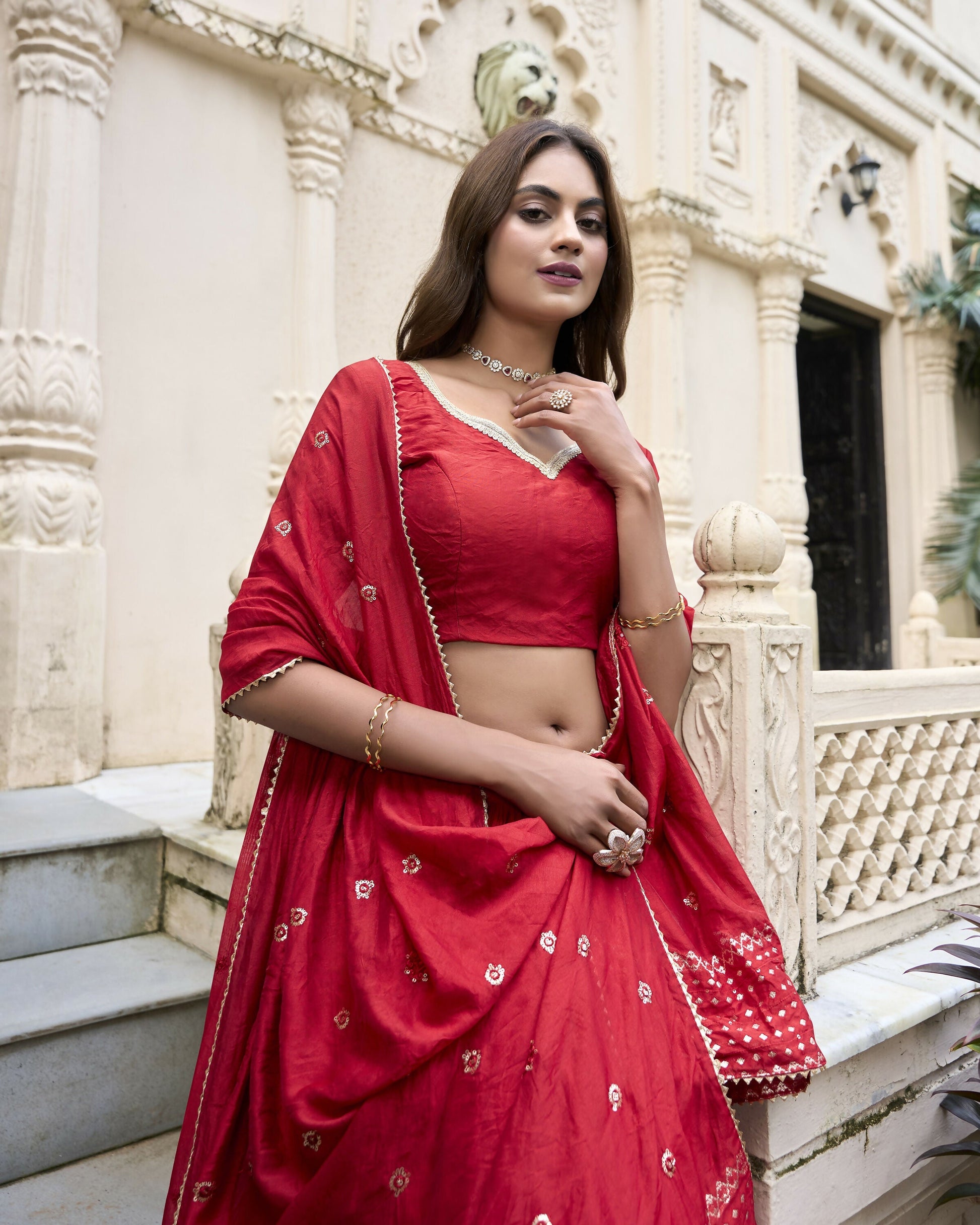Lorenvalley Red Pure Chanderi Plain With Zari Weaving Work Border Lehenga Choli 