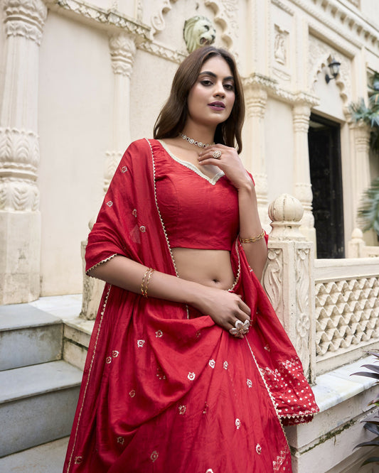 Lorenvalley Red Pure Chanderi Plain With Zari Weaving Work Border Lehenga Choli 