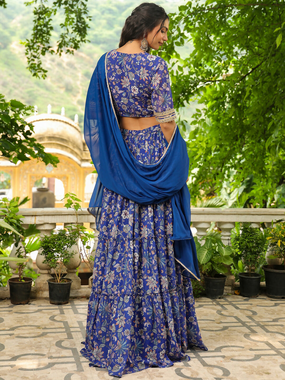 Janasya Blue Georgette Floral Lehenga Choli Dupatta 