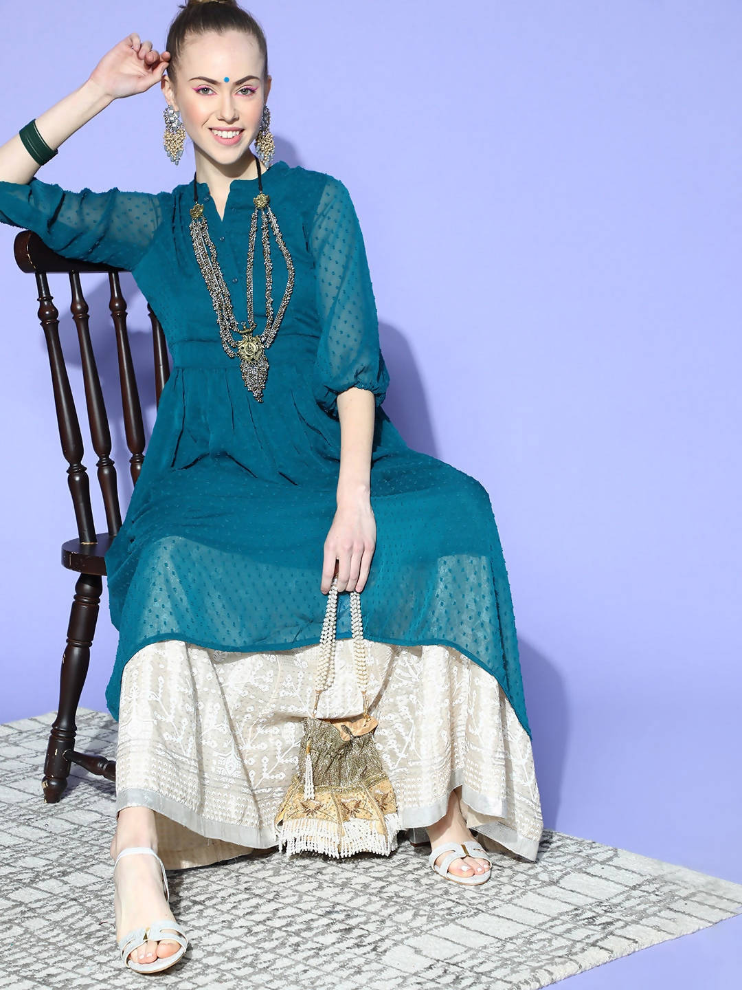 Janasya Women Teal Woven Design Dobby Weave Kurta
