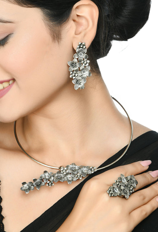 Mominos Fashion Johar Kamal Oxidised Silver-Plated Hasli Design Necklace Choker Set For Women - Grab2buy