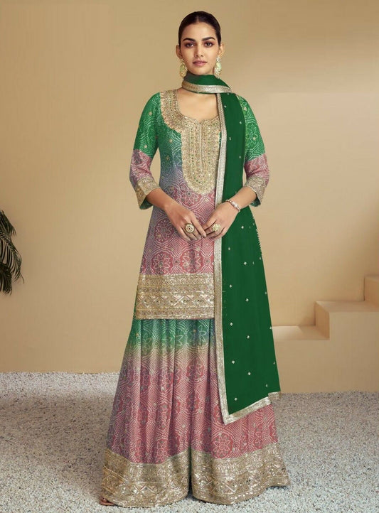 Anaita Peach Digital print with Embroidered Silk Stitched Plazo Suit