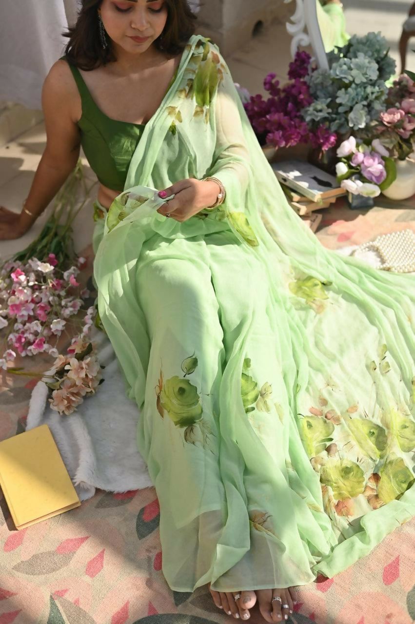 Exclusive Collection Beautiful Light Green Pure Cotton Hand Print Handloom Grab2Buy With Running Blouse Piece 