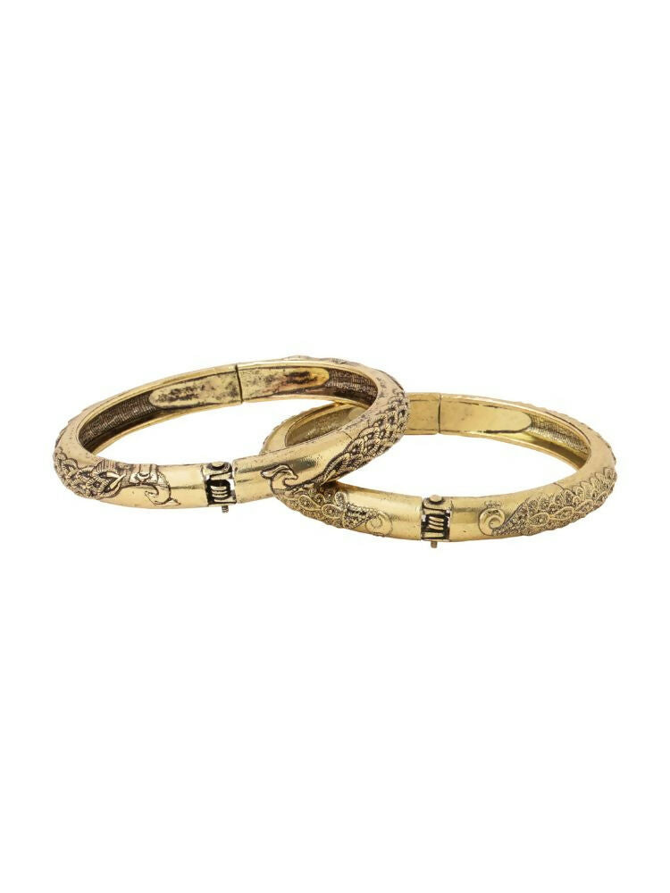NVR Women Set of 2 Gold-Polished Leaf Design Oxidised Bangles 