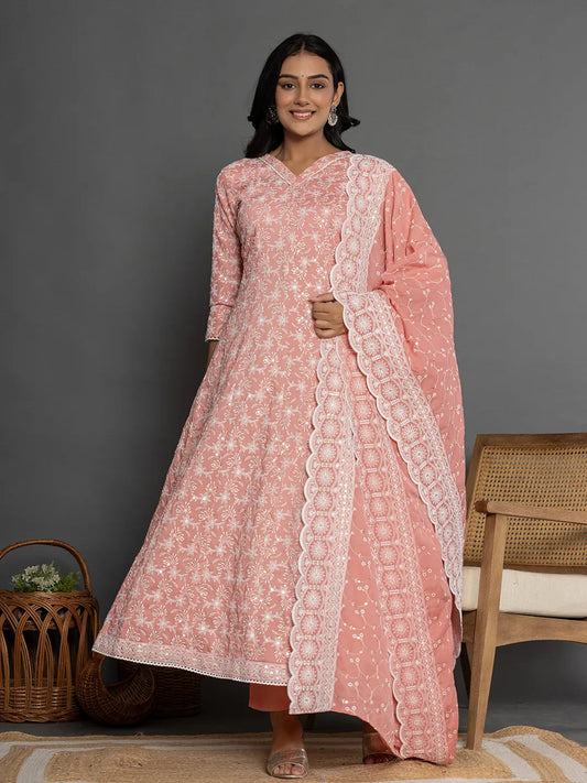 Yufta Peach Cotton Silk Embroidered Anarkali Kurta Dupatta Set 