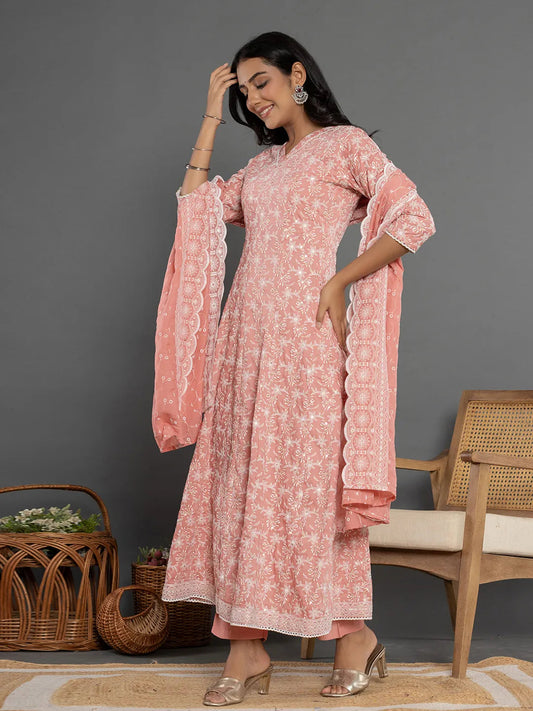 Yufta Peach Cotton Silk Embroidered Anarkali Kurta Dupatta Set 