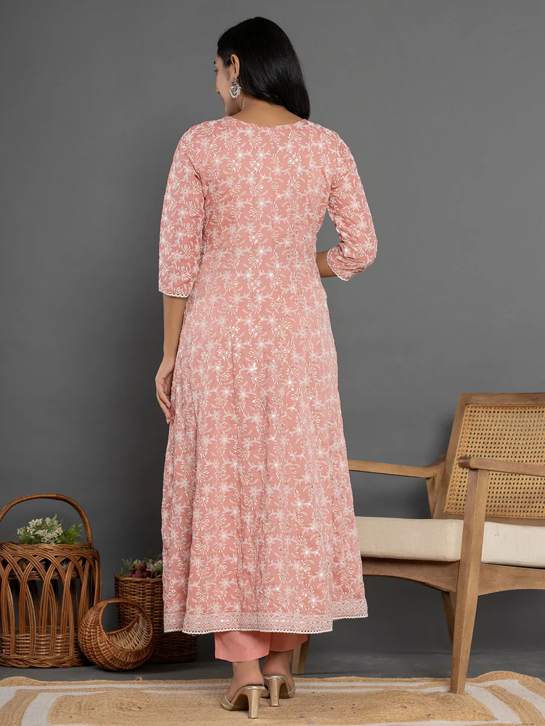 Yufta Peach Cotton Silk Embroidered Anarkali Kurta Dupatta Set 
