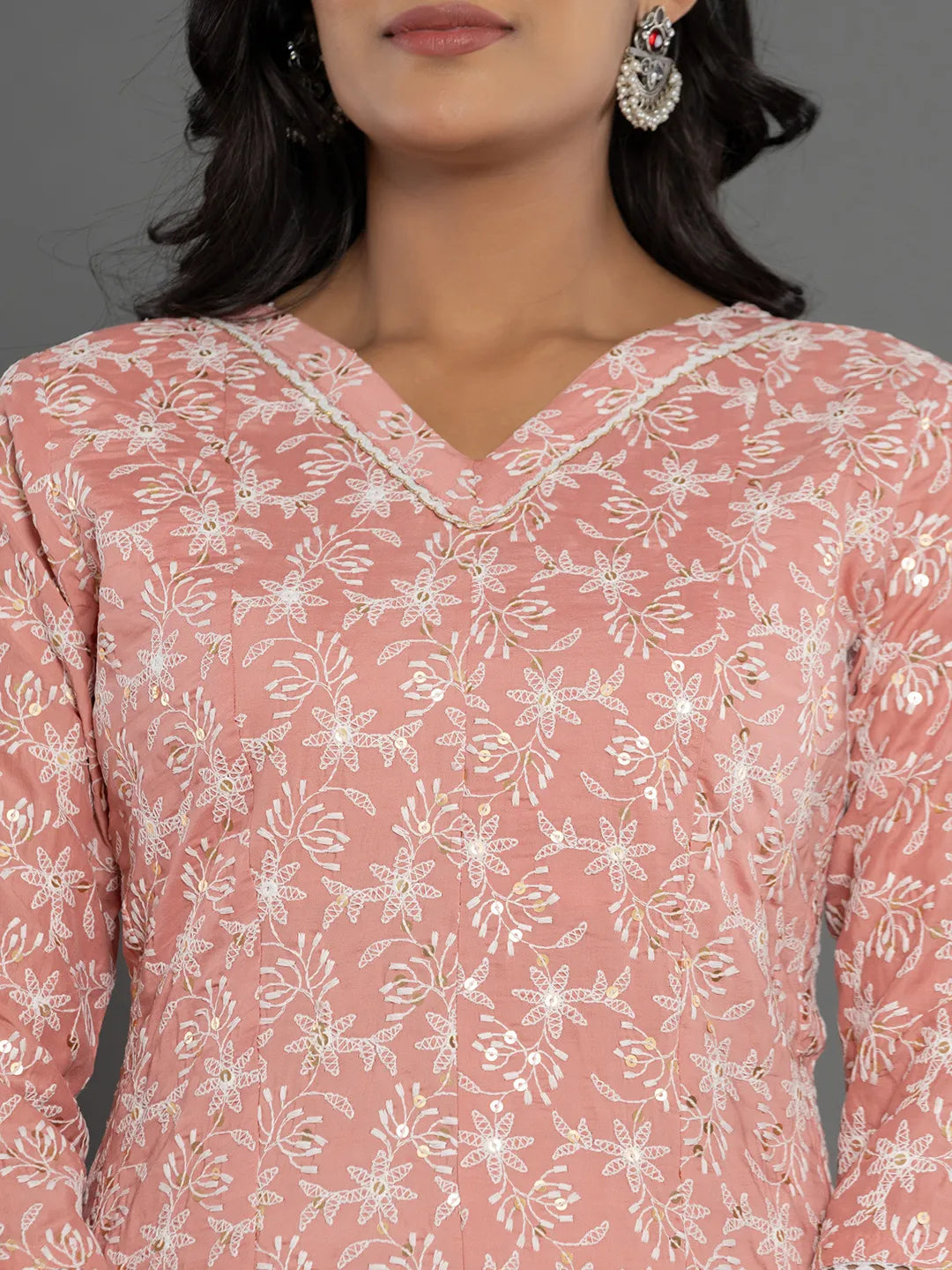 Yufta Peach Cotton Silk Embroidered Anarkali Kurta Dupatta Set 