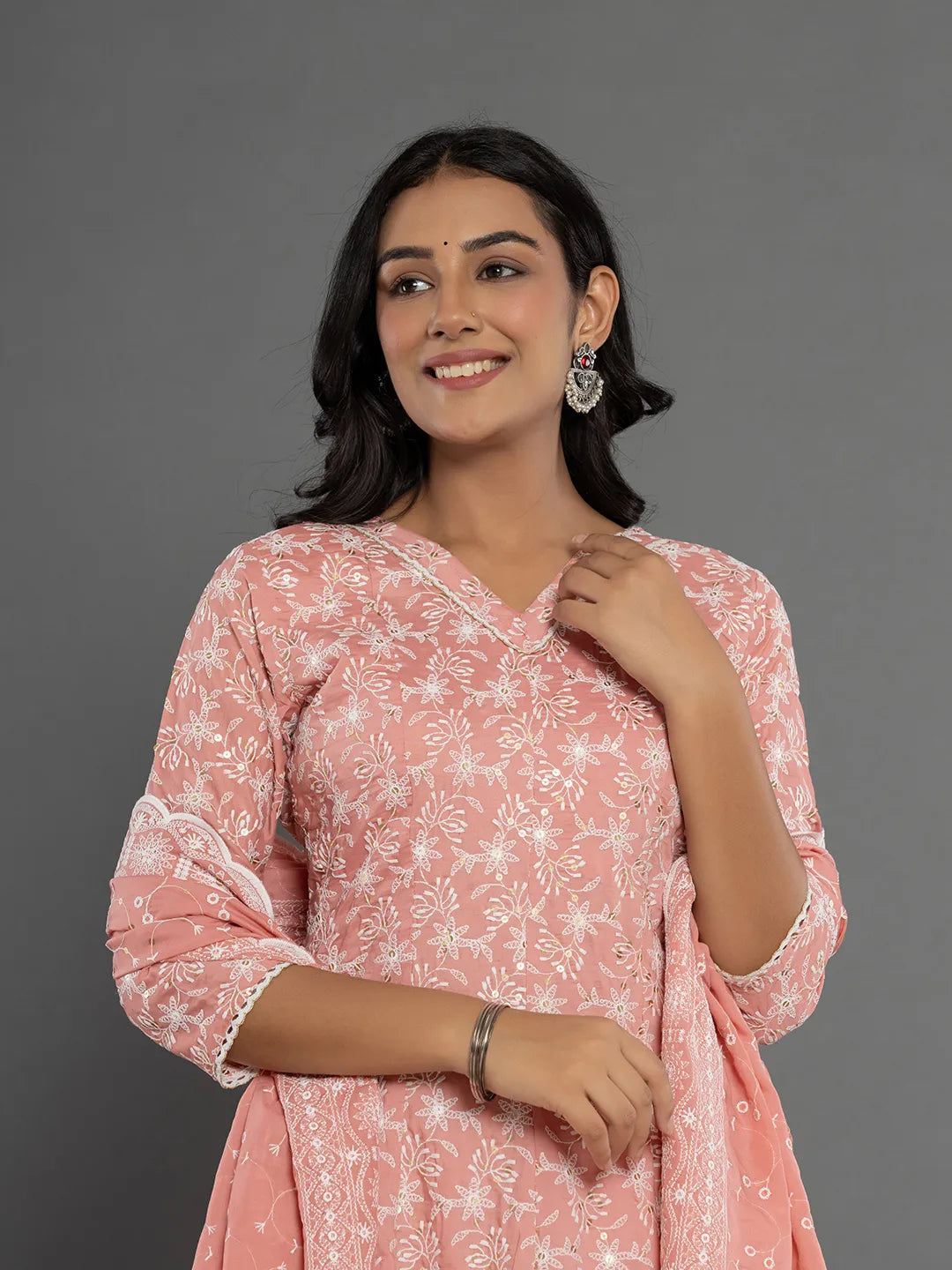 Yufta Peach Cotton Silk Embroidered Anarkali Kurta Dupatta Set 