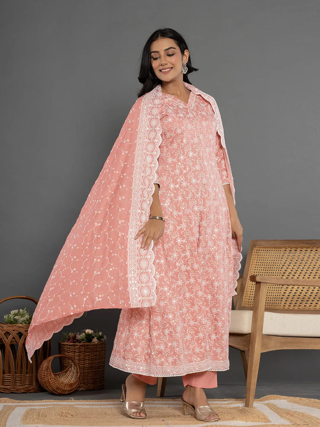 Yufta Peach Cotton Silk Embroidered Anarkali Kurta Dupatta Set 