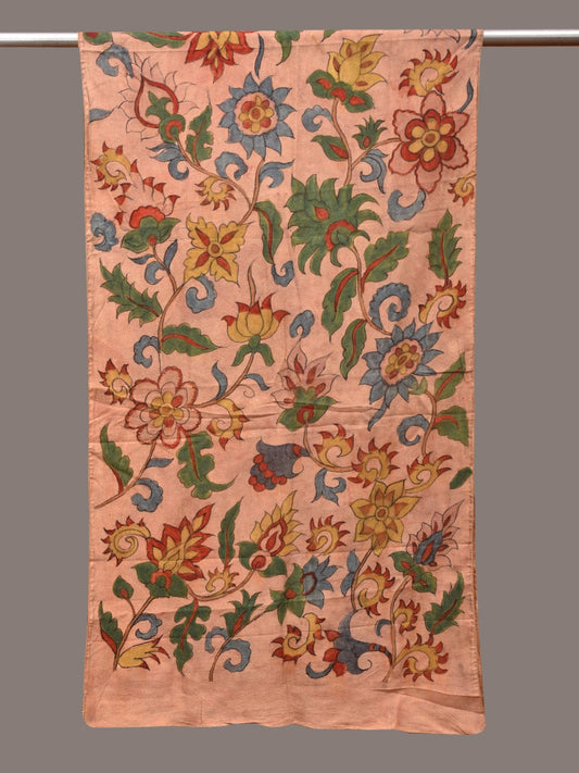 Peach Kalamkari Hand Painted Sico Stole with Floral and Birds Design - Global Threads - Grab2buy