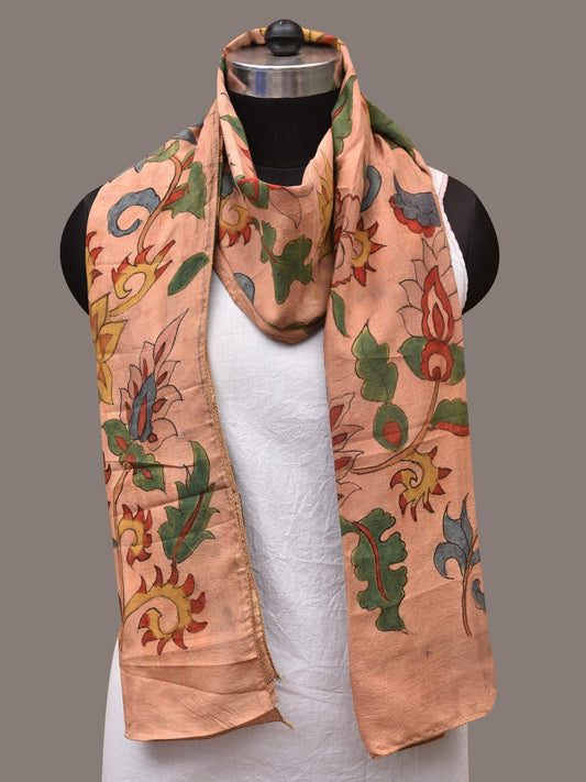 Peach Kalamkari Hand Painted Sico Stole with Floral and Birds Design - Global Threads - Grab2buy