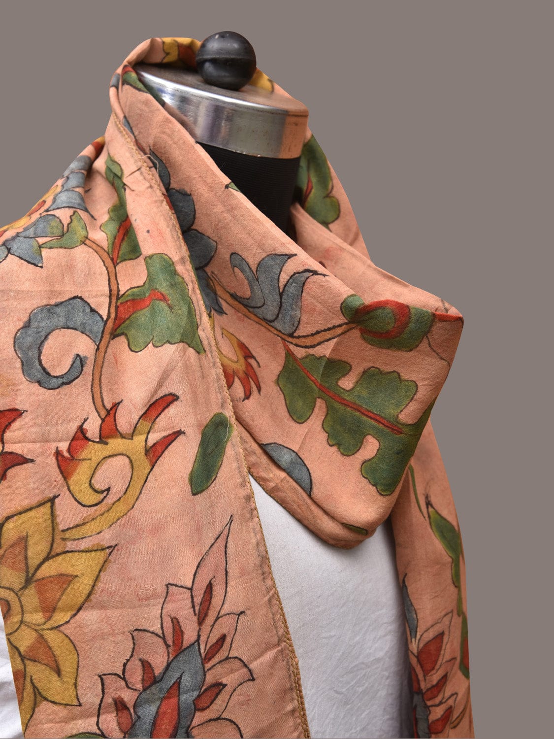 Peach Kalamkari Hand Painted Sico Stole with Floral and Birds Design - Global Threads - Grab2buy