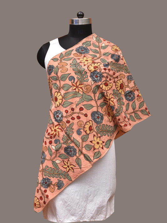 Peach Kalamkari Hand Painted Sico Stole with Floral Design - Global Threads - Grab2buy