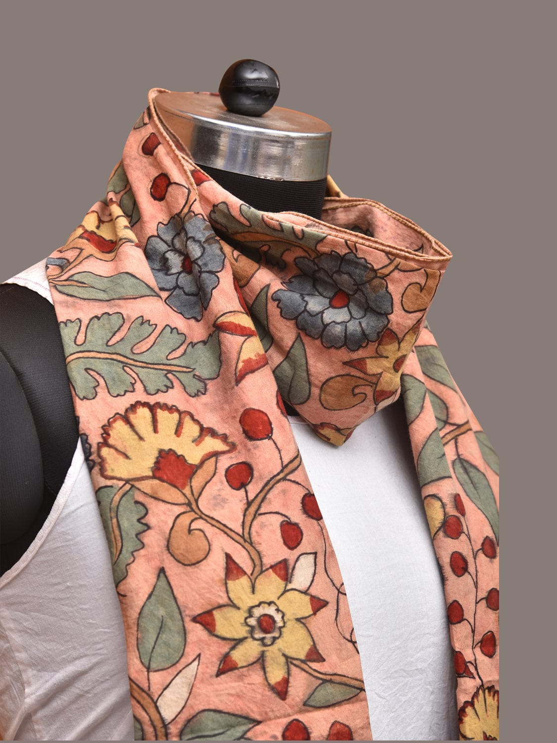 Peach Kalamkari Hand Painted Sico Stole with Floral Design - Global Threads - Grab2buy