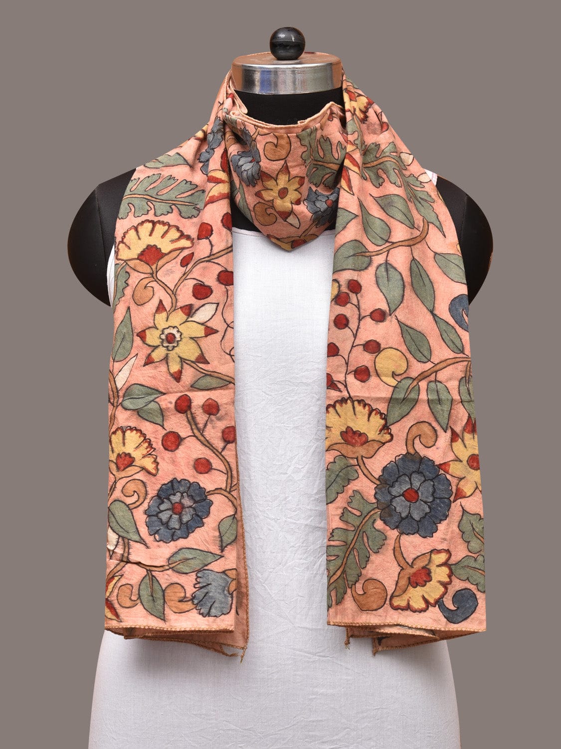 Peach Kalamkari Hand Painted Sico Stole with Floral Design - Global Threads - Grab2buy