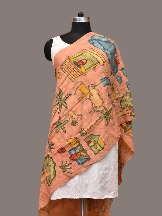 Peach Kalamkari Hand Painted Sico Stole with Village Theme Design - Global Threads - Grab2buy