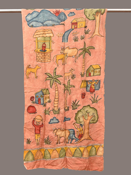 Peach Kalamkari Hand Painted Sico Stole with Village Theme Design - Global Threads - Grab2buy