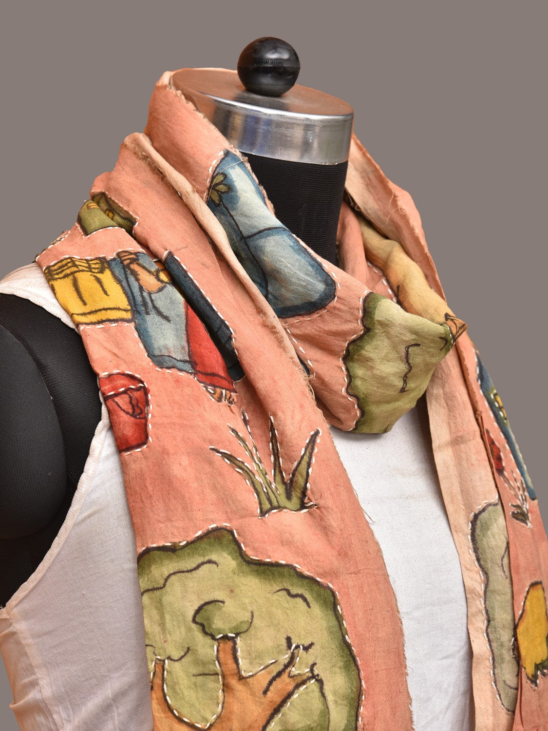 Peach Kalamkari Hand Painted Sico Stole with Village Theme Design - Global Threads - Grab2buy