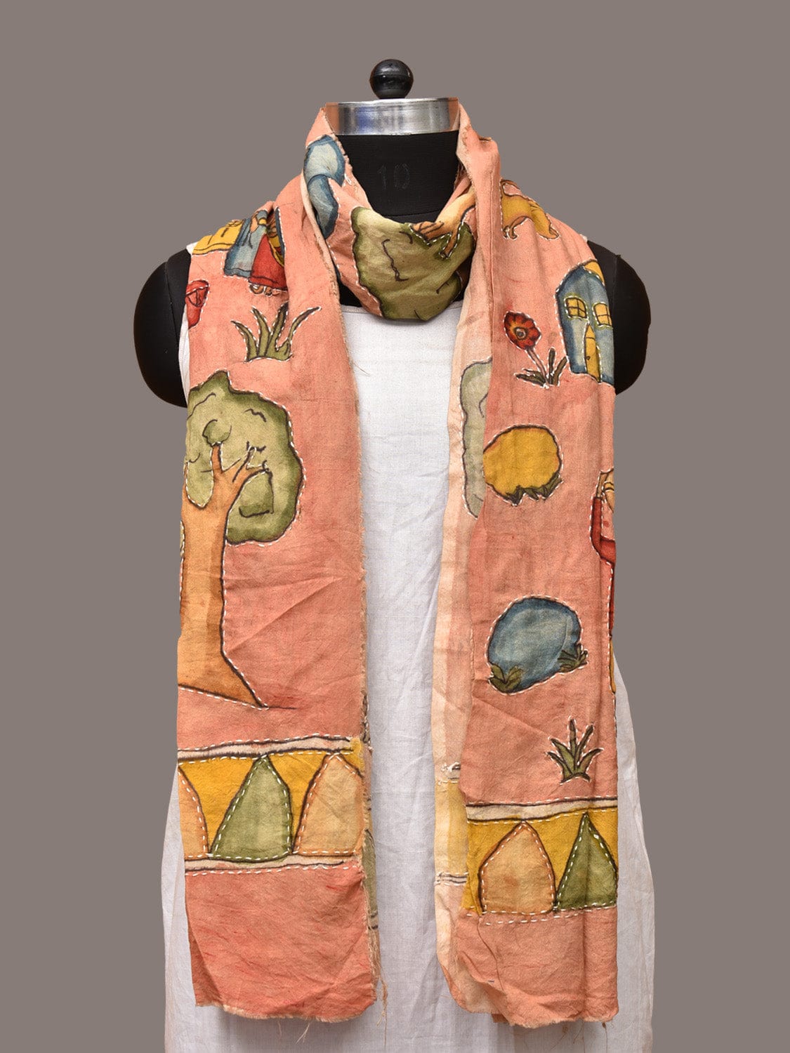 Peach Kalamkari Hand Painted Sico Stole with Village Theme Design - Global Threads - Grab2buy