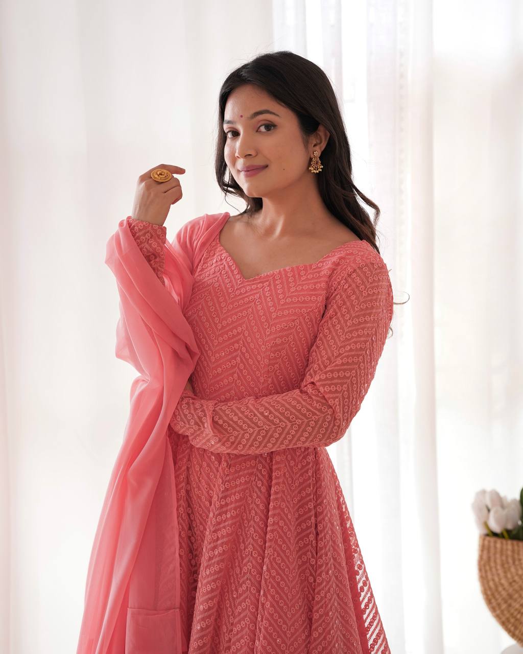 Evanik Peach Heavy Faux Georgette With Lucknowi Work Anarkali Suit