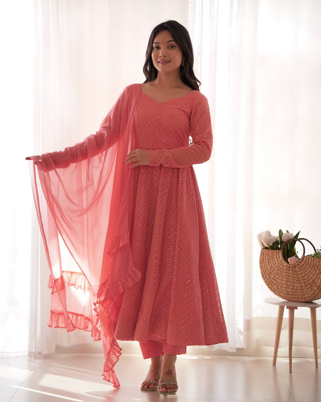 Evanik Peach Heavy Faux Georgette With Lucknowi Work Anarkali Suit