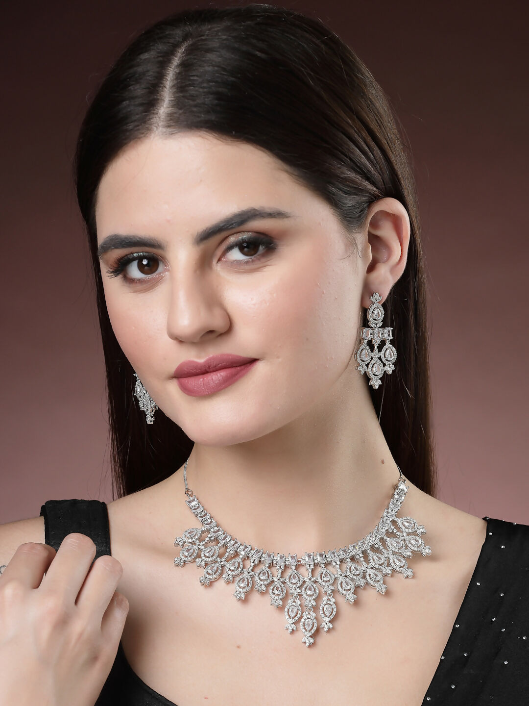 NVR Women's Silver-Plated Cubic Zirconia Studded Handcrafted Jewellery Set - Grab2buy