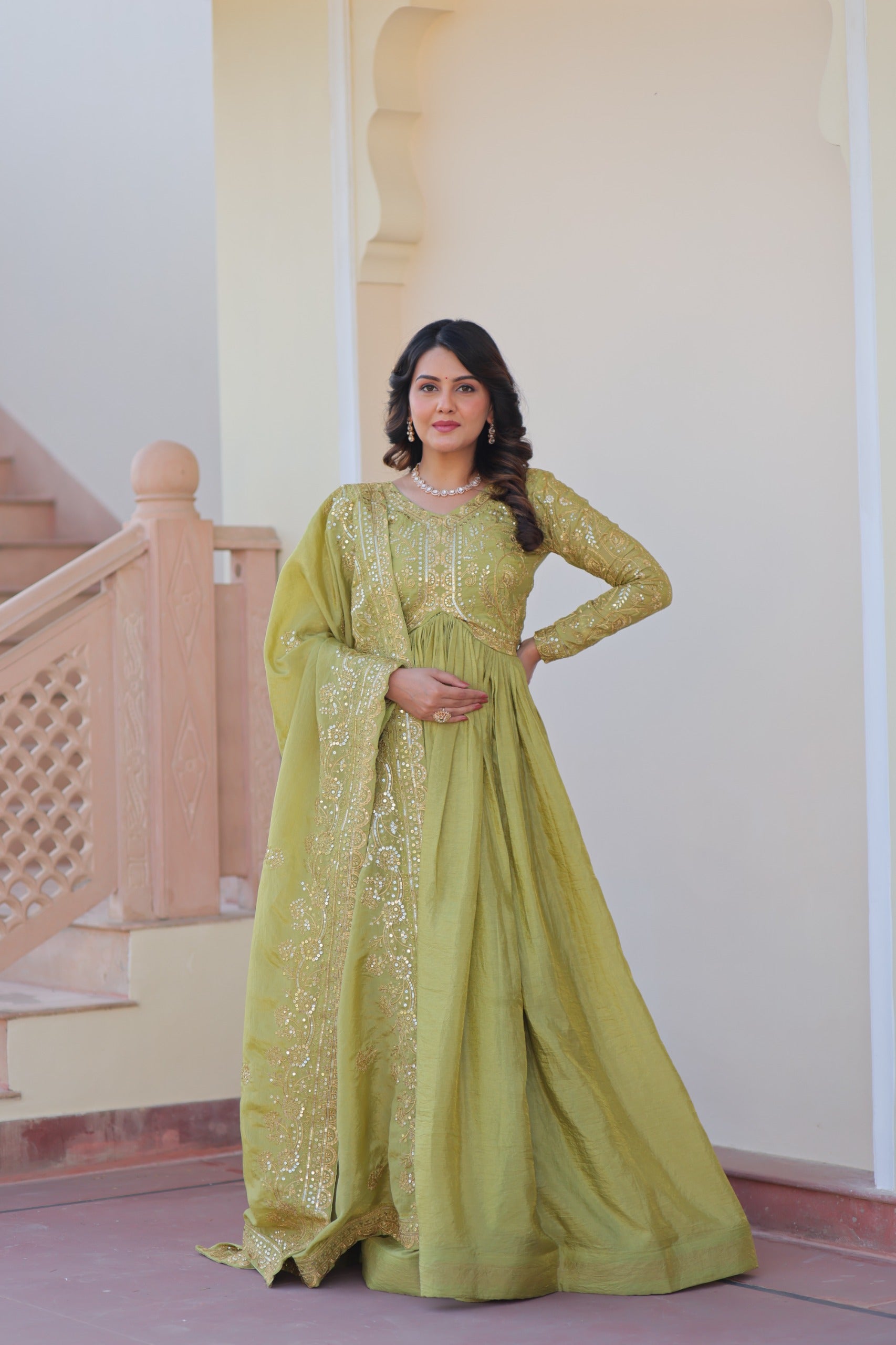Evanik Perrot Gold-Crush Fabric with Sequins & Multi Embroidered work Gown Dupatta