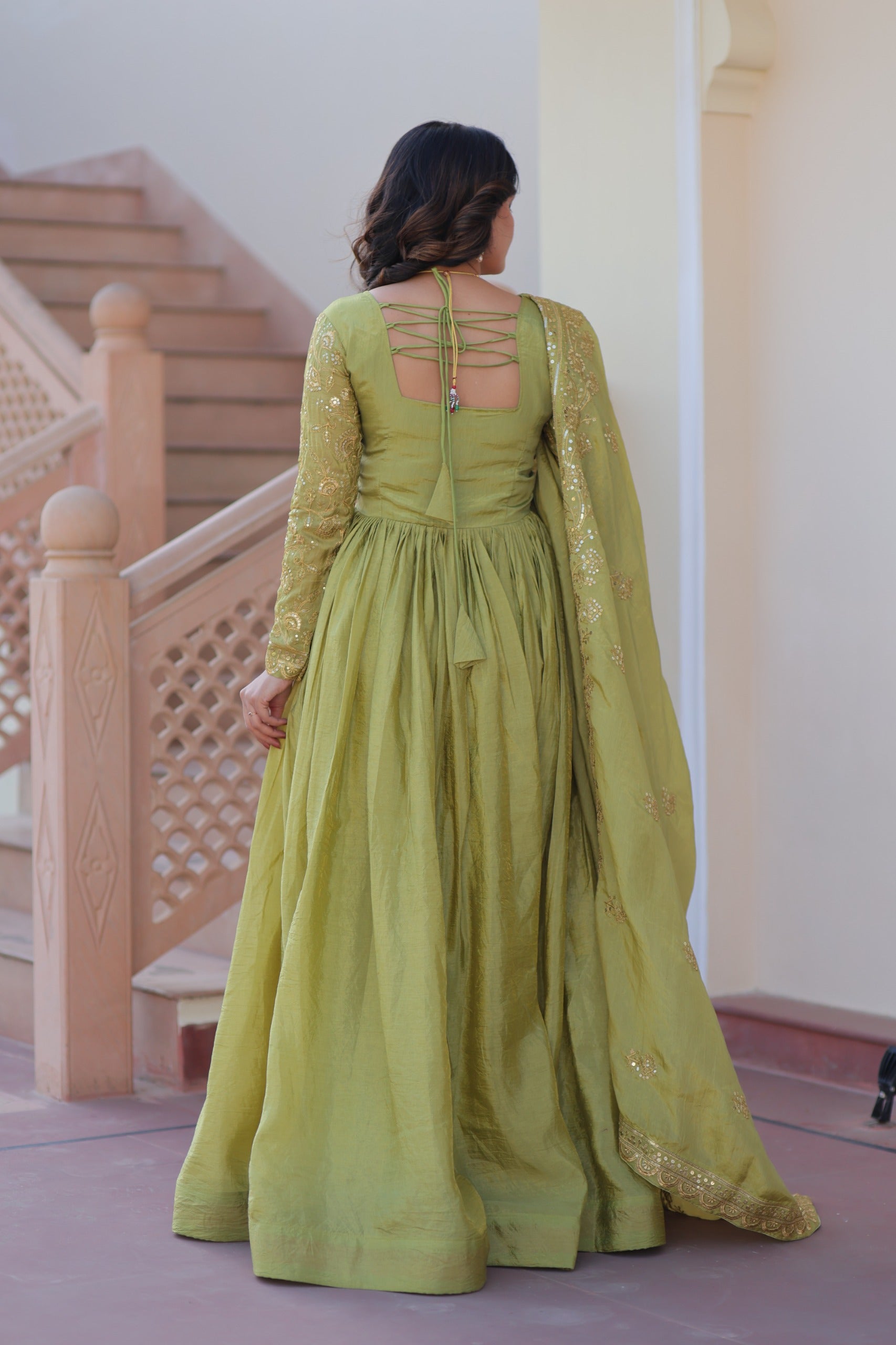 Evanik Perrot Gold-Crush Fabric with Sequins & Multi Embroidered work Gown Dupatta