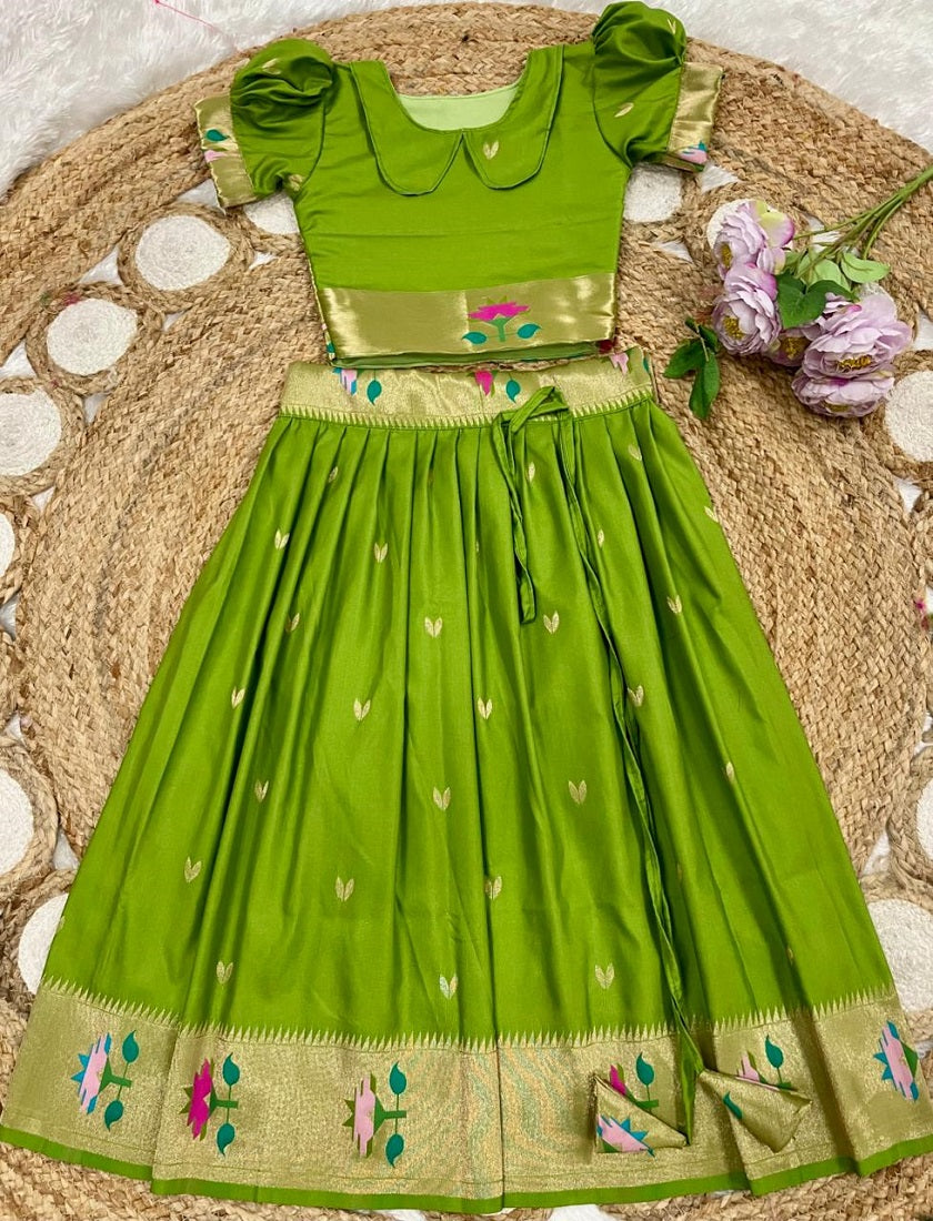 Evanik Green Soft Silk Paithani Design Zari Weaving Pavadai Lehenga Choli For Kids