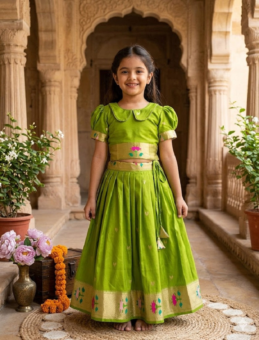 Evanik Green Soft Silk Paithani Design Zari Weaving Pavadai Lehenga Choli For Kids