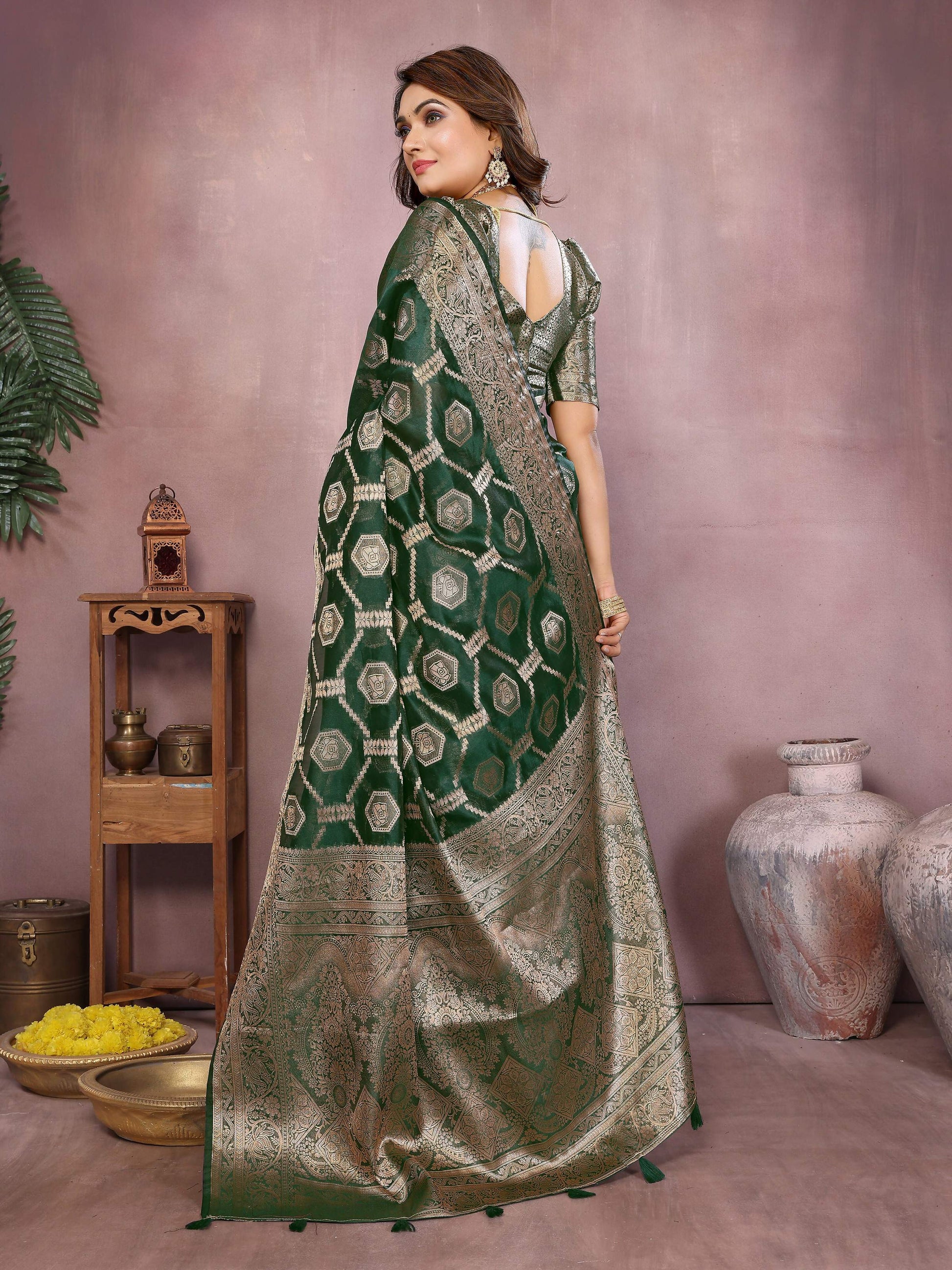 Aastha Fashion Green Soft Organza Silk Weaving Saree