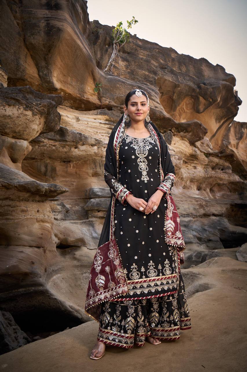 Lehenga Mart Designer Black Faux Georgette Ready to wear Sharara Suit for Eid