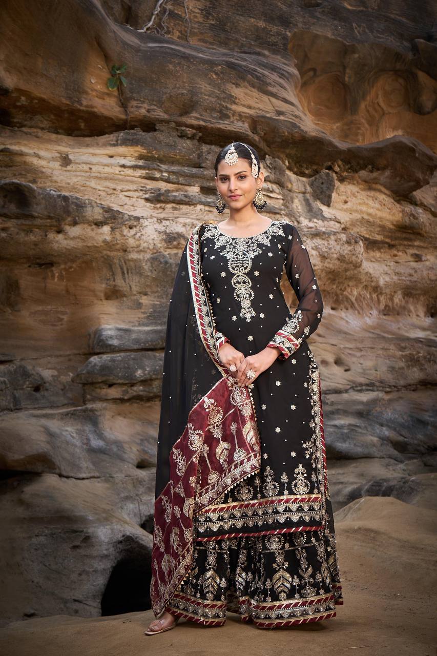 Lehenga Mart Designer Black Faux Georgette Ready to wear Sharara Suit for Eid
