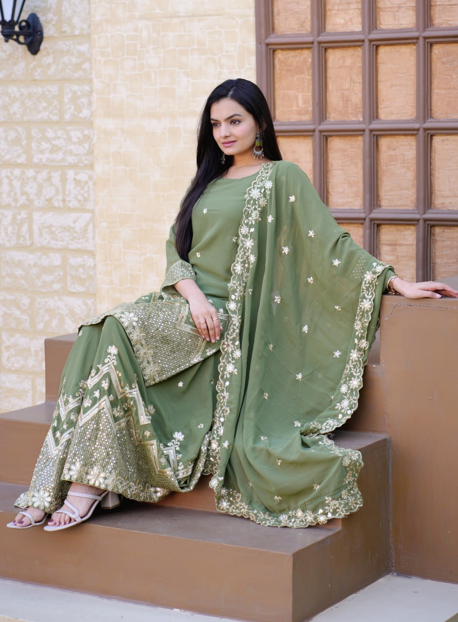 Teeya Creation Mint Green Color Faux Georgette Fully Stitched Sharara Suit