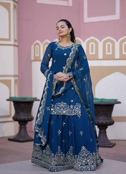 Teeya Creation Blue Color Faux Georgette Fully Stitched Sharara Suit