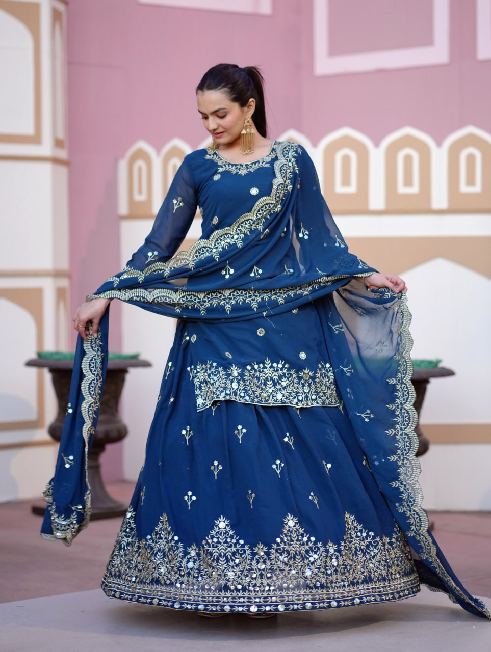Teeya Creation Blue Color Faux Georgette Fully Stitched Sharara Suit