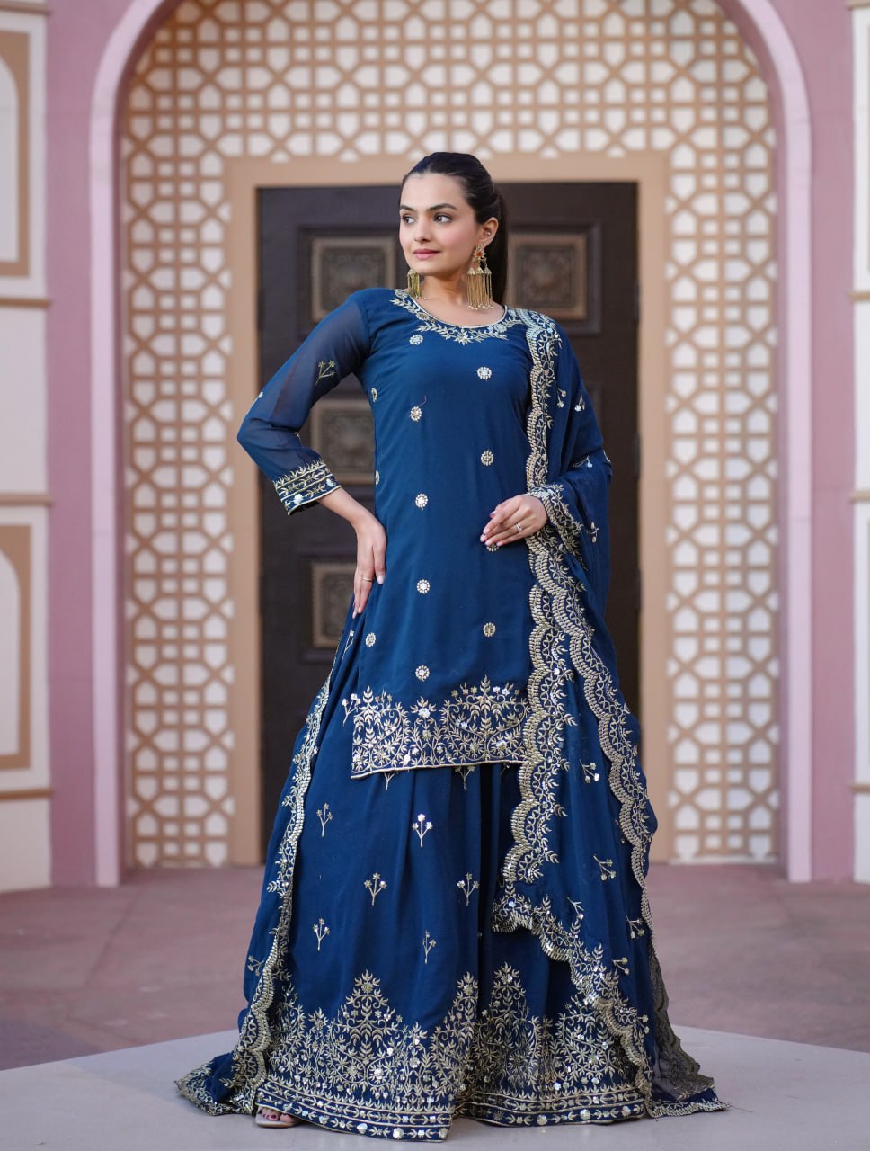 Teeya Creation Blue Color Faux Georgette Fully Stitched Sharara Suit