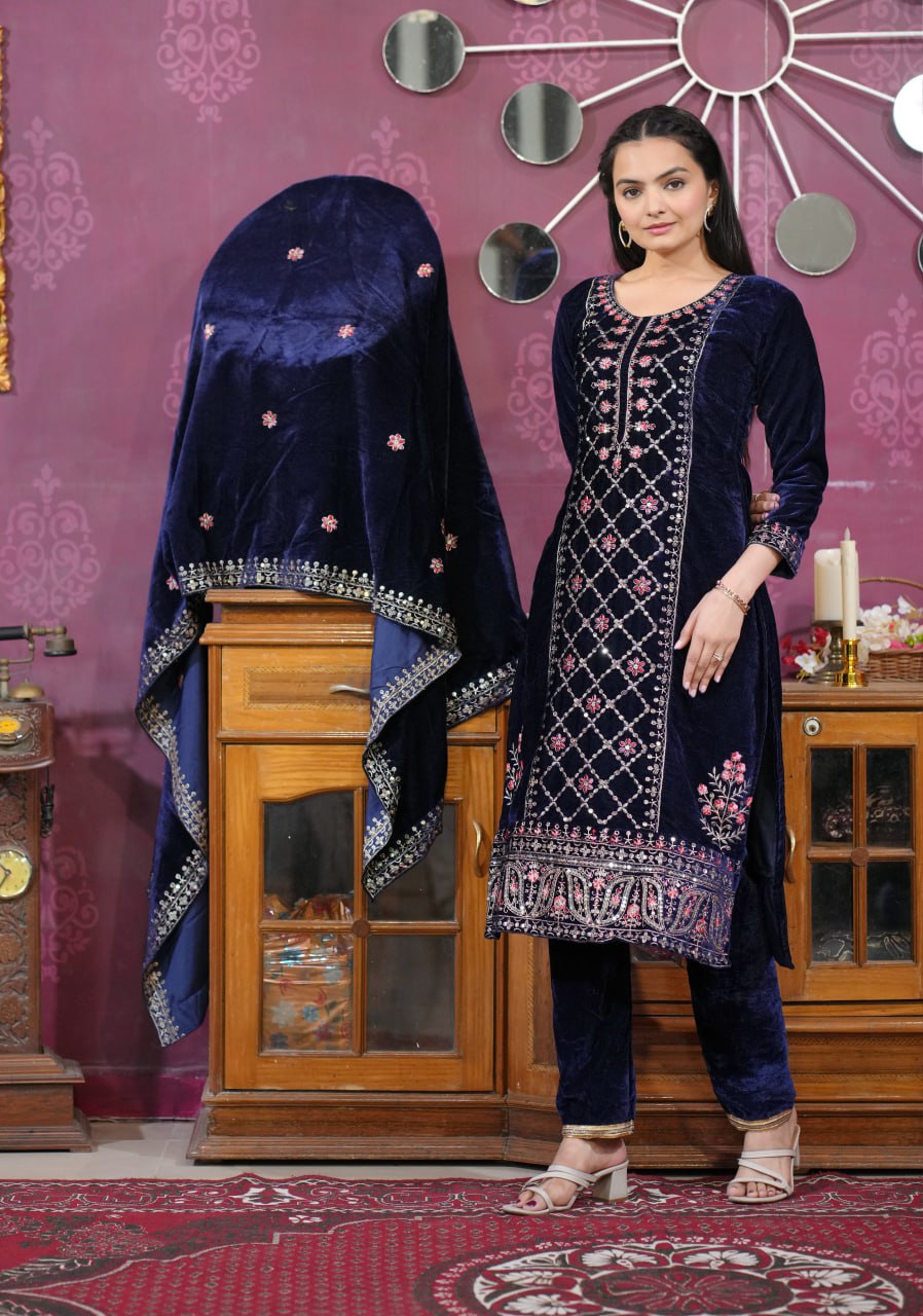 Teeya Creation Blue Color Velvet Fabric Heavy Embroidery Work Fully Stitched Salwar Suit