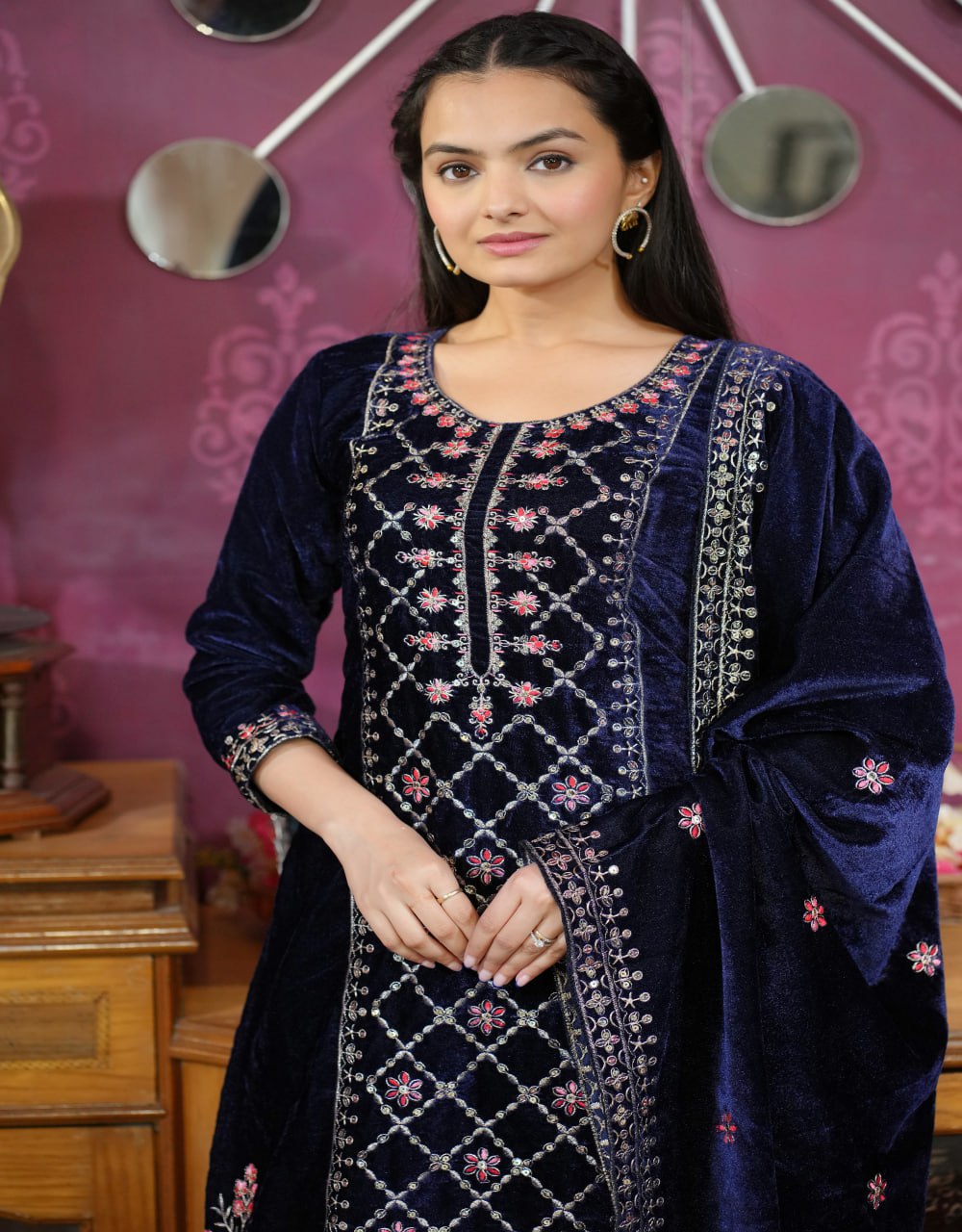 Teeya Creation Blue Color Velvet Fabric Heavy Embroidery Work Fully Stitched Salwar Suit