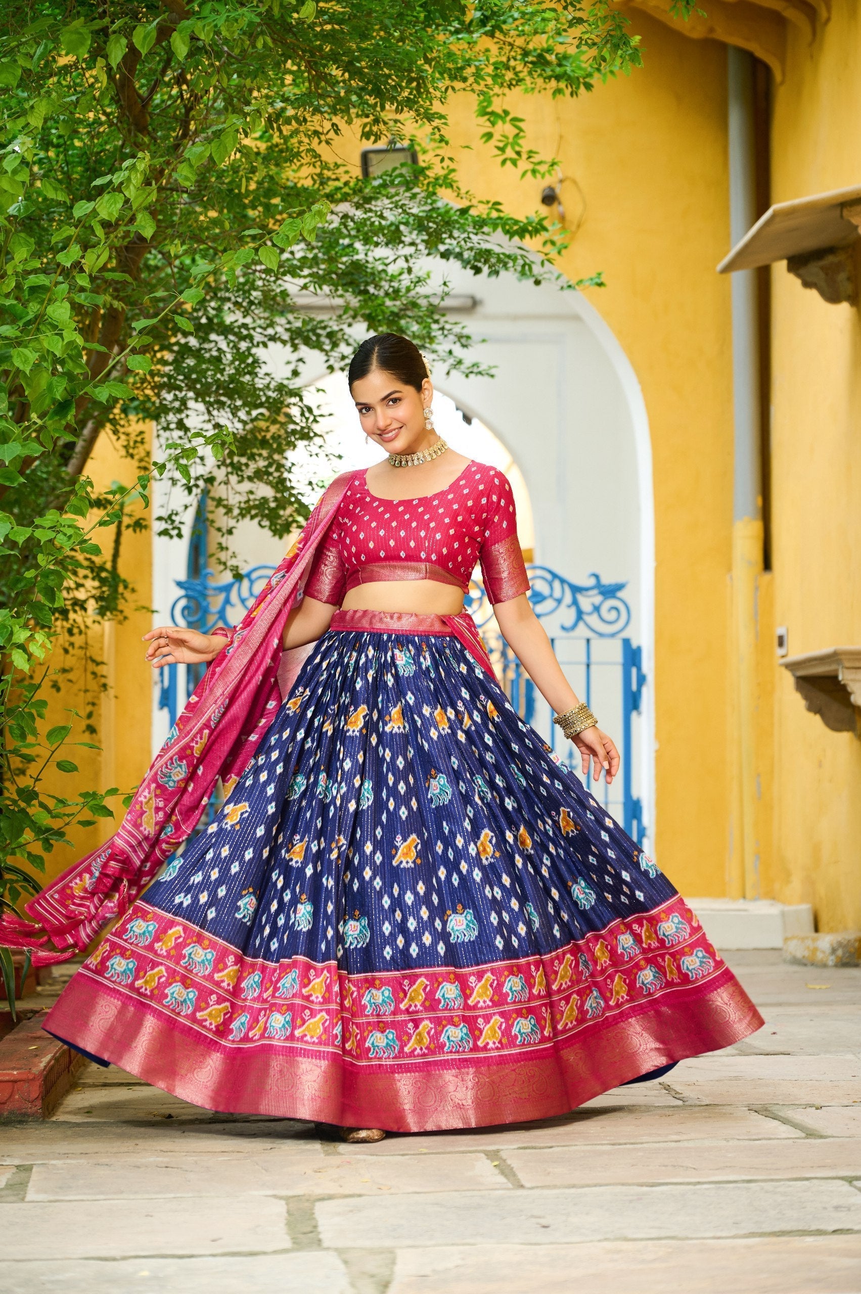 DEIANA'S Jacquard With Jari Lining With Print Lehenga Choli - Navy Blue 