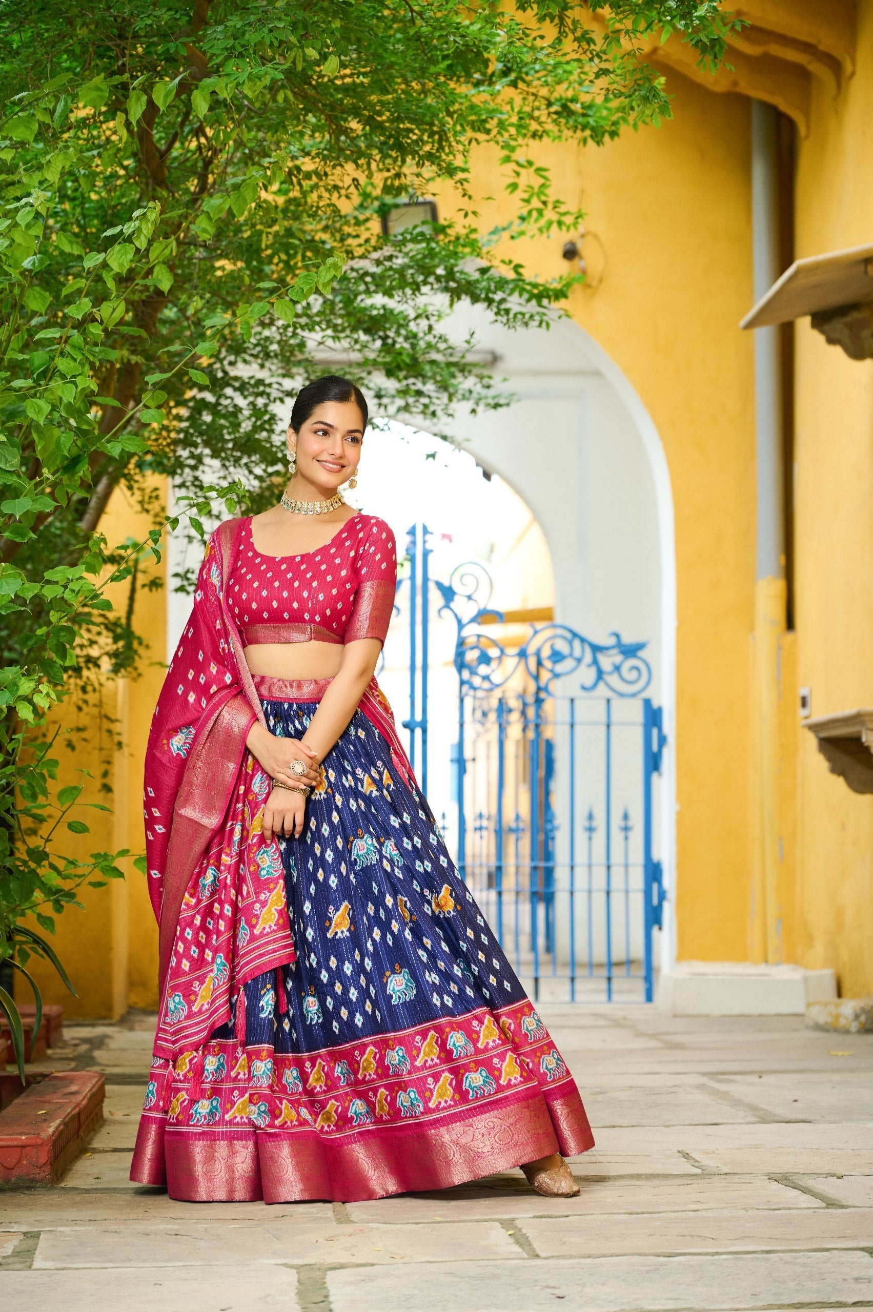 DEIANA'S Jacquard With Jari Lining With Print Lehenga Choli - Navy Blue 