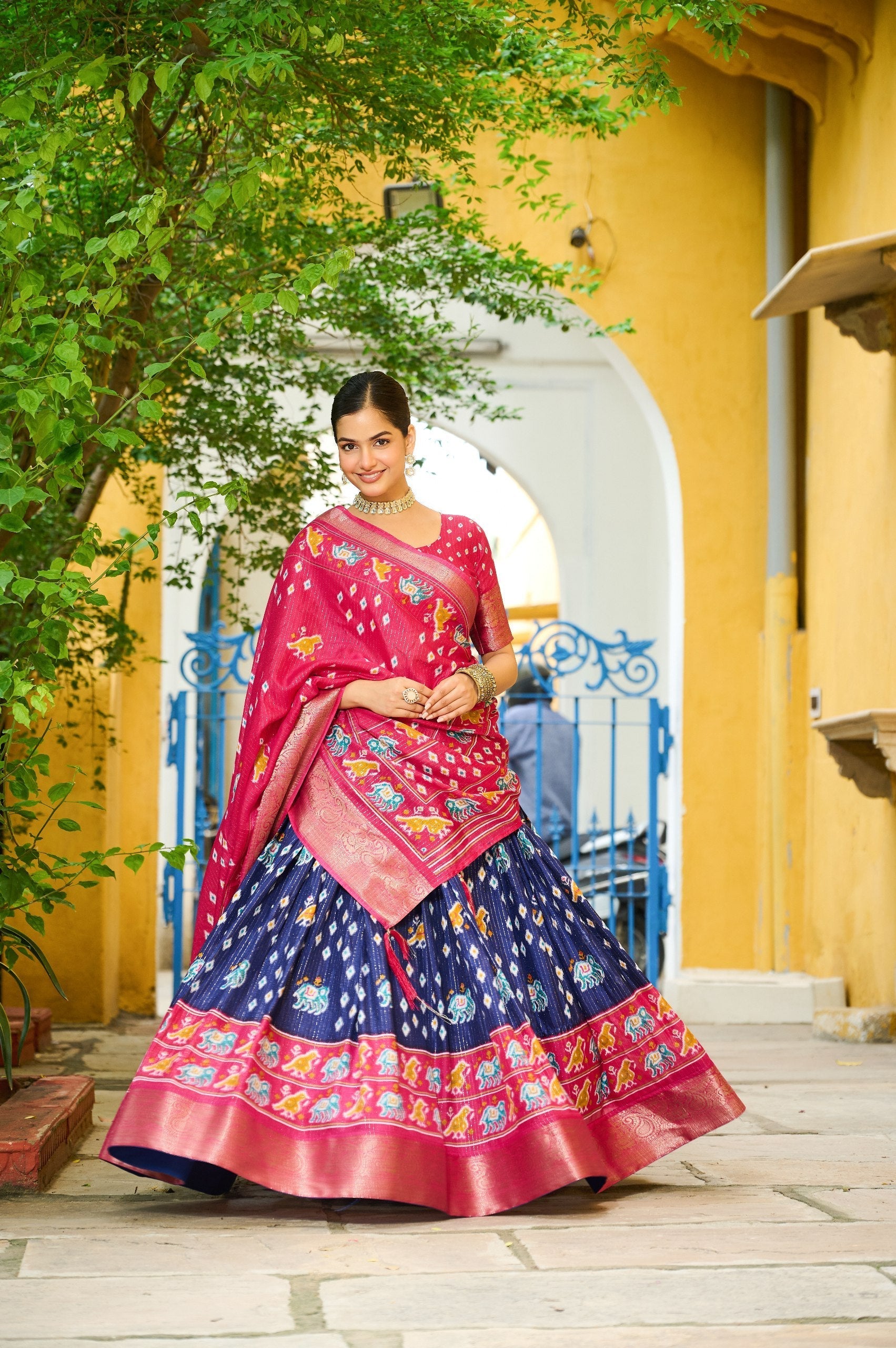 DEIANA'S Jacquard With Jari Lining With Print Lehenga Choli - Navy Blue 