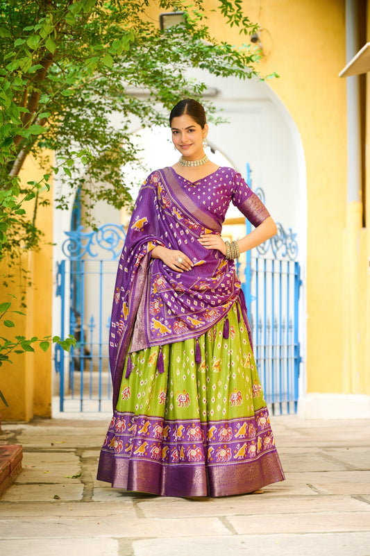 DEIANA'S Jacquard With Jari Lining With Print Lehenga Choli - Mehndi 