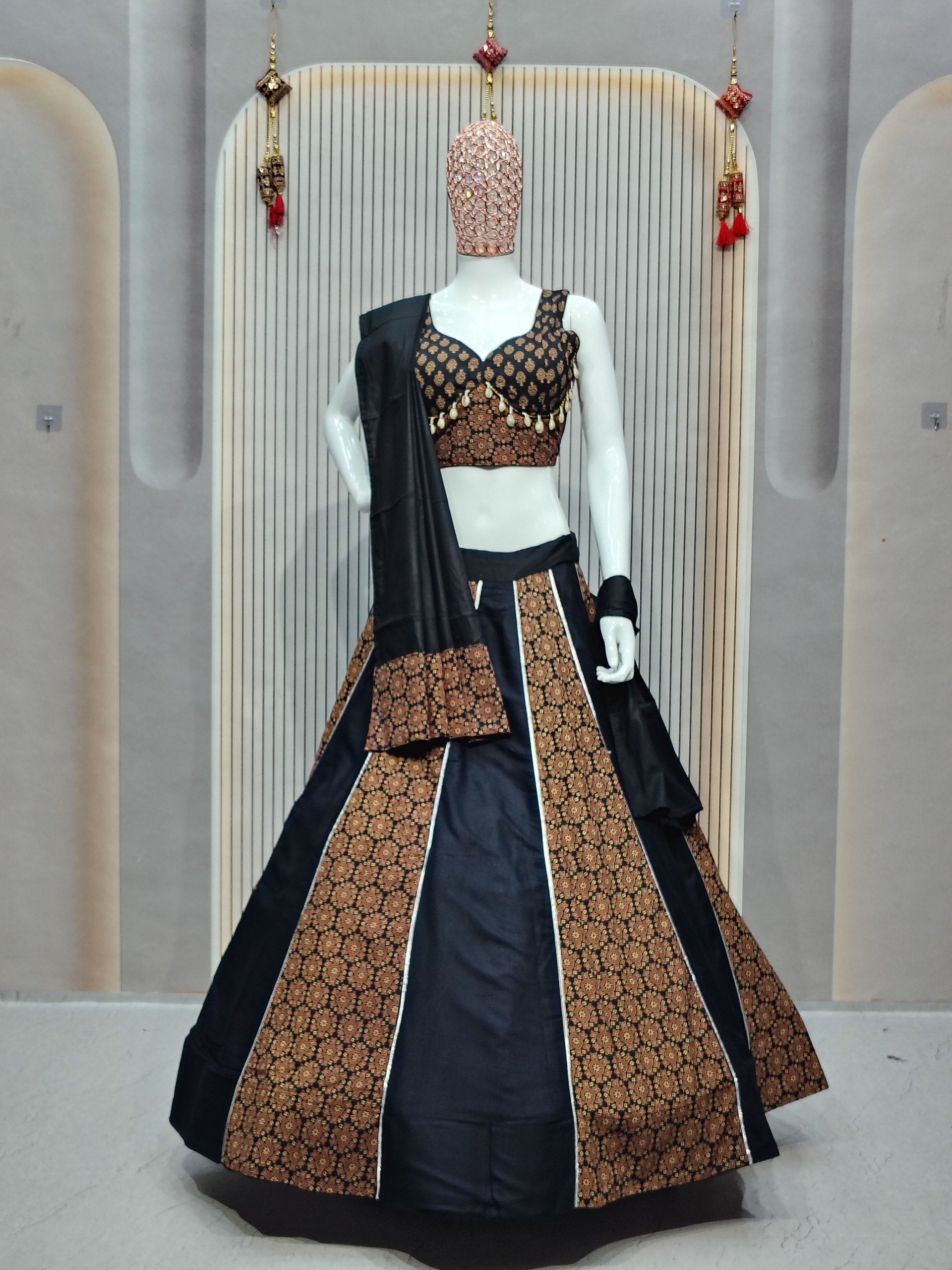 DEIANA'S Ajarak Print With Kali Pattern Lehenga Choli - Black 