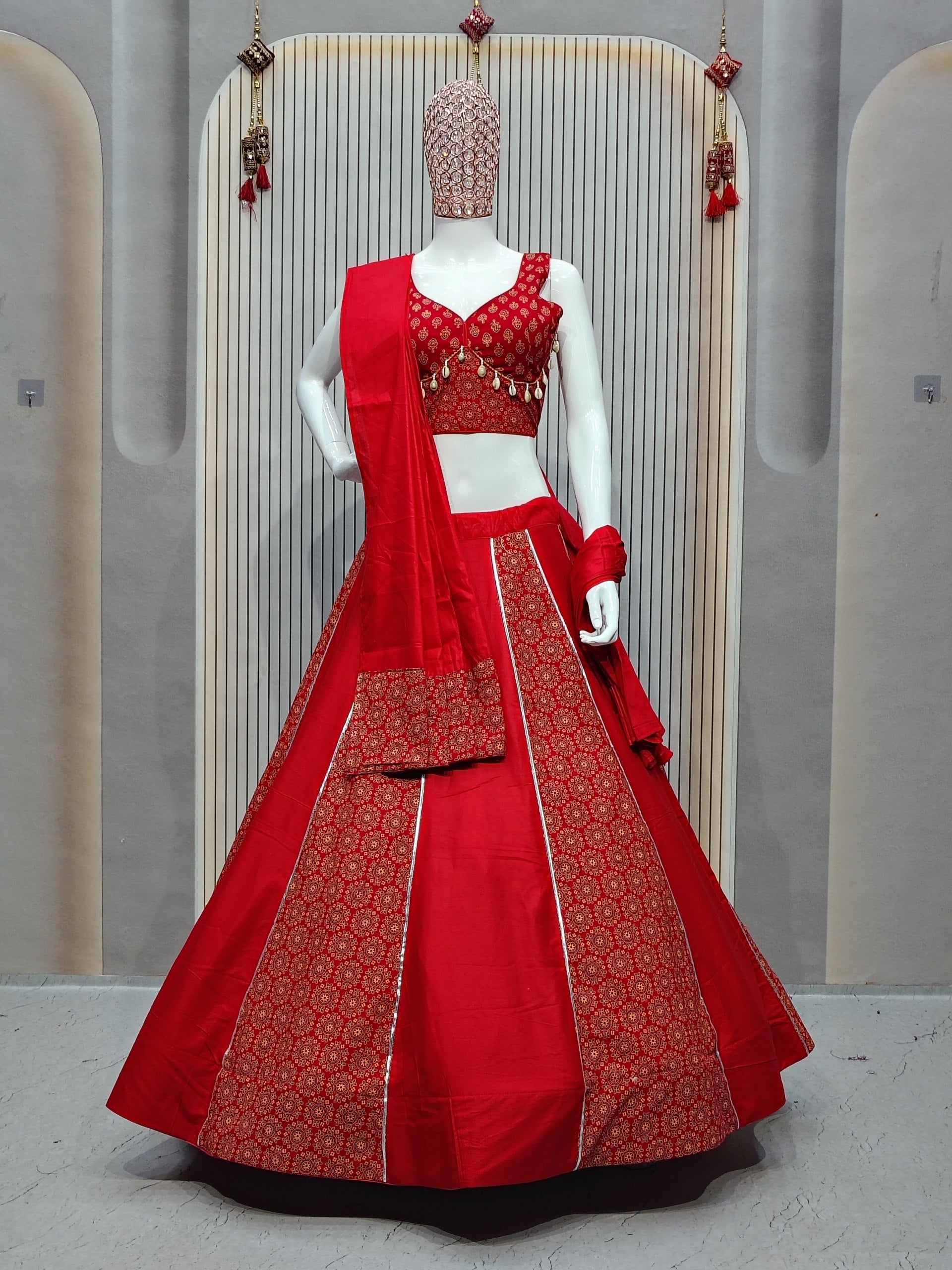 DEIANA'S Ajarak Print With Kali Pattern Lehenga Choli - Red 